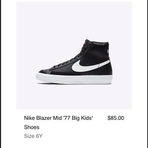 Nike Blazer Mid 77 black white kids size 6